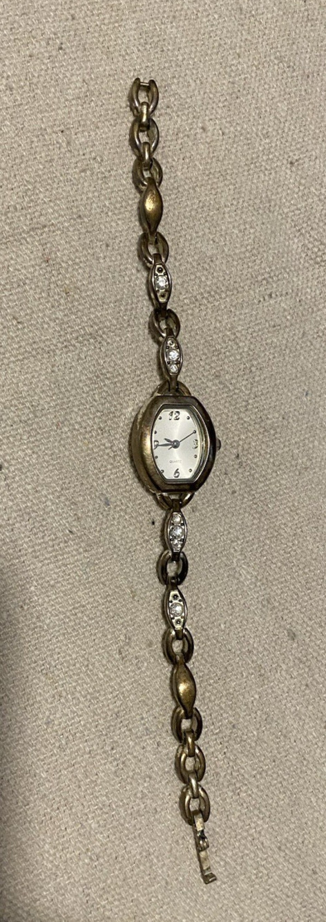 Vtg Japan Movement Gold Tone Faux DIAMOND Quartz Bracelet WATCH - Steel Back